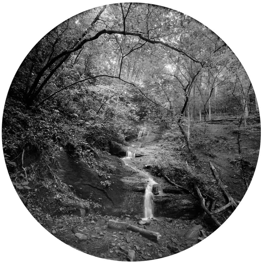 Scenic black and white photo of a forest stream for Macon Sense events.