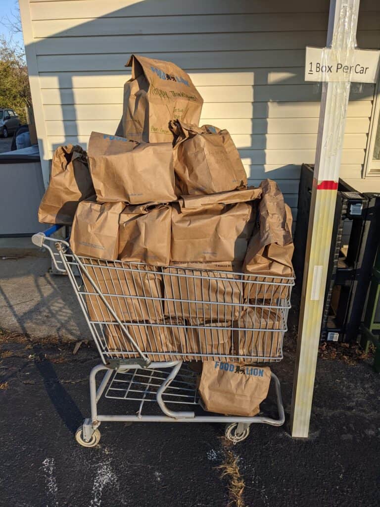 Grocery shopping cart loaded with paper bags, emphasizing year-round food needs.