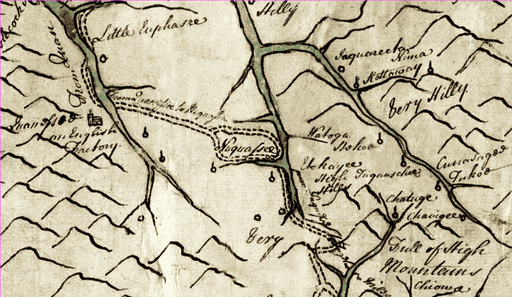 Historic map of Noquisiyi area with mountains and rivers.