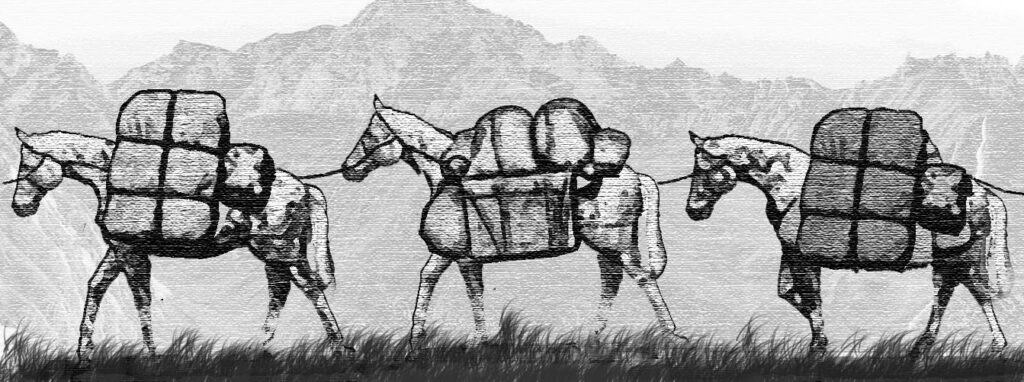 Nikwasi mound with travelers and horses in black and white illustration.