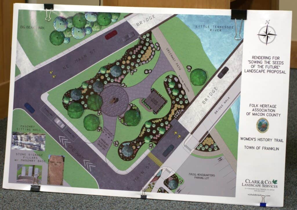 Map of the sculpture park honoring women of Macon County in Franklin, with pathways and landscape de.