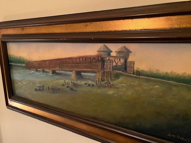 Historic bridge and gate in a Renaissance-style painting.