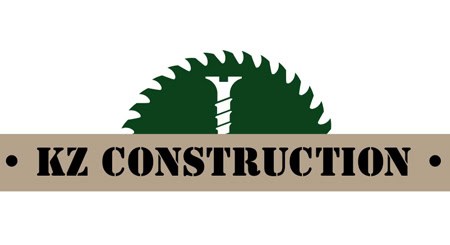KZ Construction logo with a green gear and nail symbol for construction services.