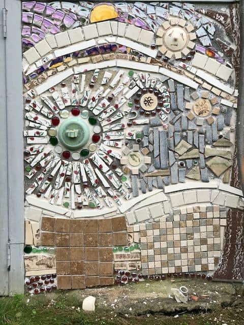 Colorful mosaic sculpture created by a local artist in Macon.