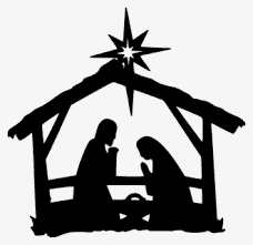 Classic nativity scene with silhouettes of Mary, Joseph, and baby Jesus in a stable.