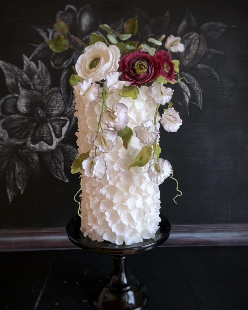 Beautiful floral cake featuring intricate piping and fresh flowers, perfect for celebrations.