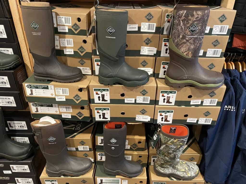 Durable workboots showcased on store shelves for essential workers.