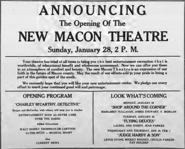 Historic Macon theater opening announcement.