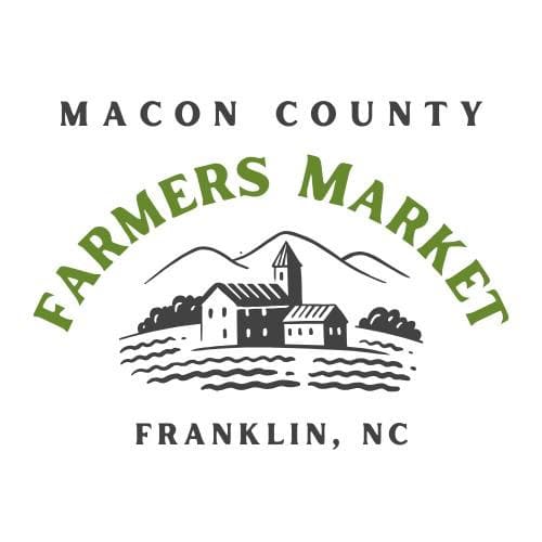 Macon County Farmers Market logo with mountain and village illustration.