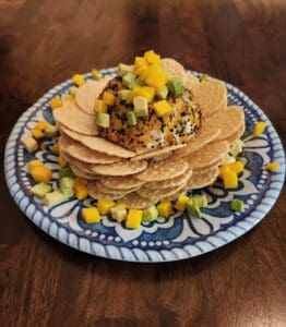 Delicious gluten-free, low-carb dish with chicken, vegetables, and crispy chips on a decorative plat.