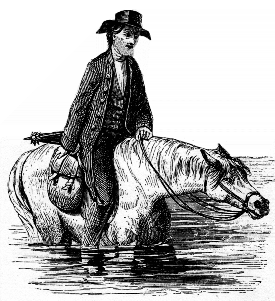 An image of a man riding a horse in water, symbolizing community and faith at Macon Sense religious.