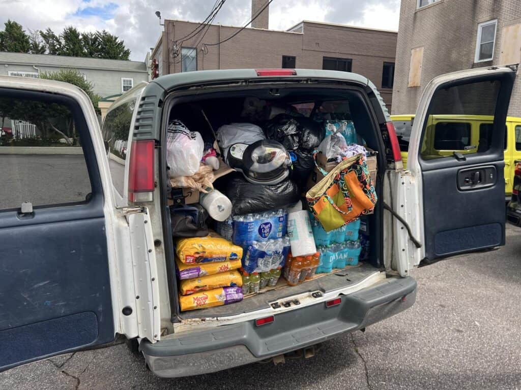 Community support vehicle loaded with supplies for Helene's outreach.