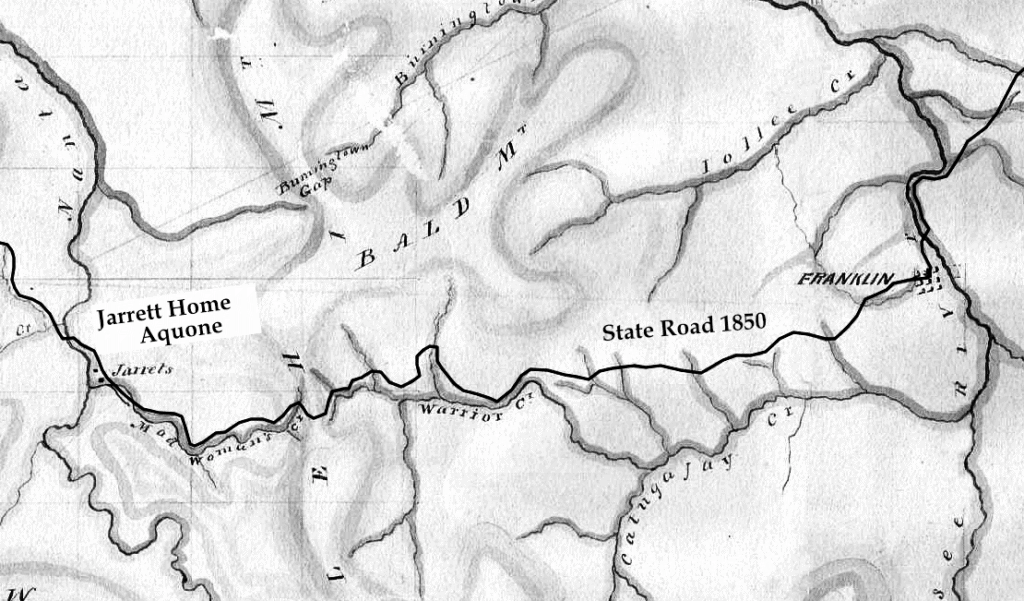 Historic map of Macon County showing Jarrett’s home and old roads.