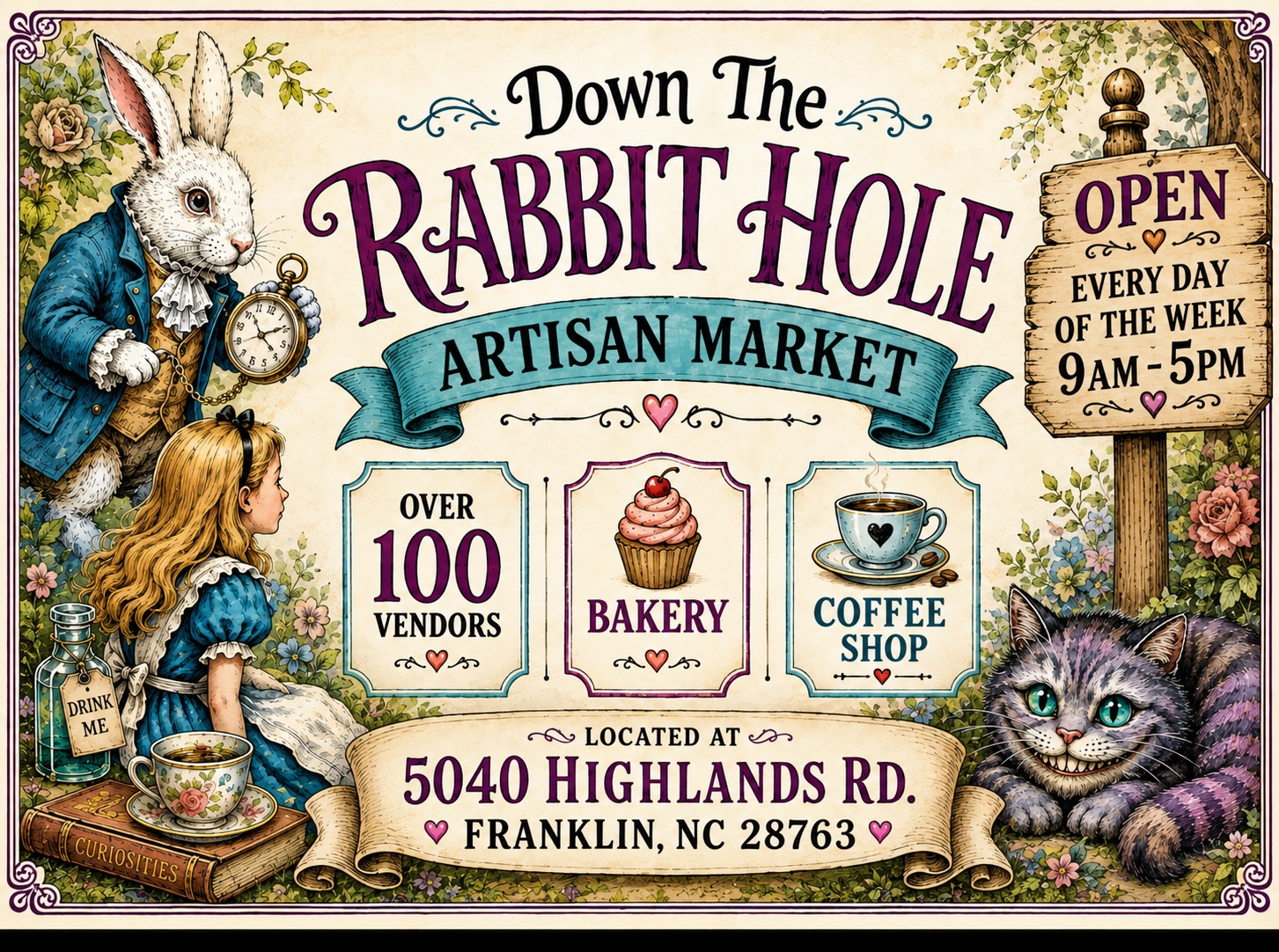 Whimsical rabbit and girl at the Down the Rabbit Hole artisan market sign.