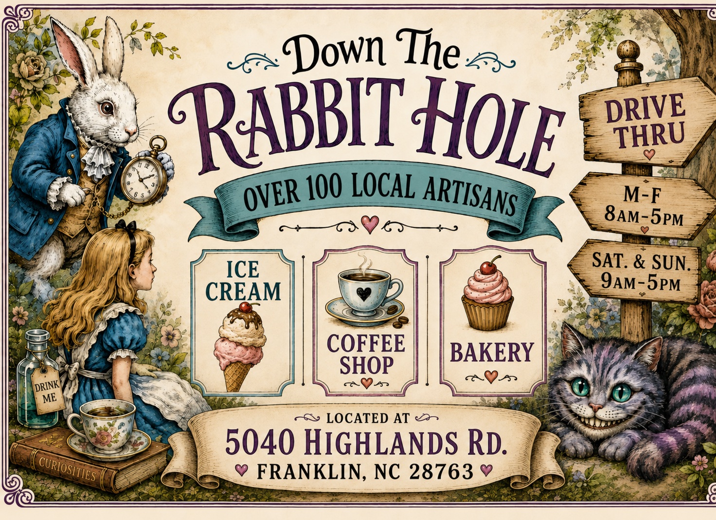 Colorful sign for Down the Rabbit Hole with local artisans and drive-thru info.