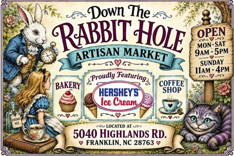 Colorful poster for Down The Rabbit Hole Artisan Market with bunny and girl illustration.
