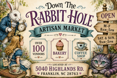 Whimsical market sign with rabbit and cat, promoting bakery and coffee shop.