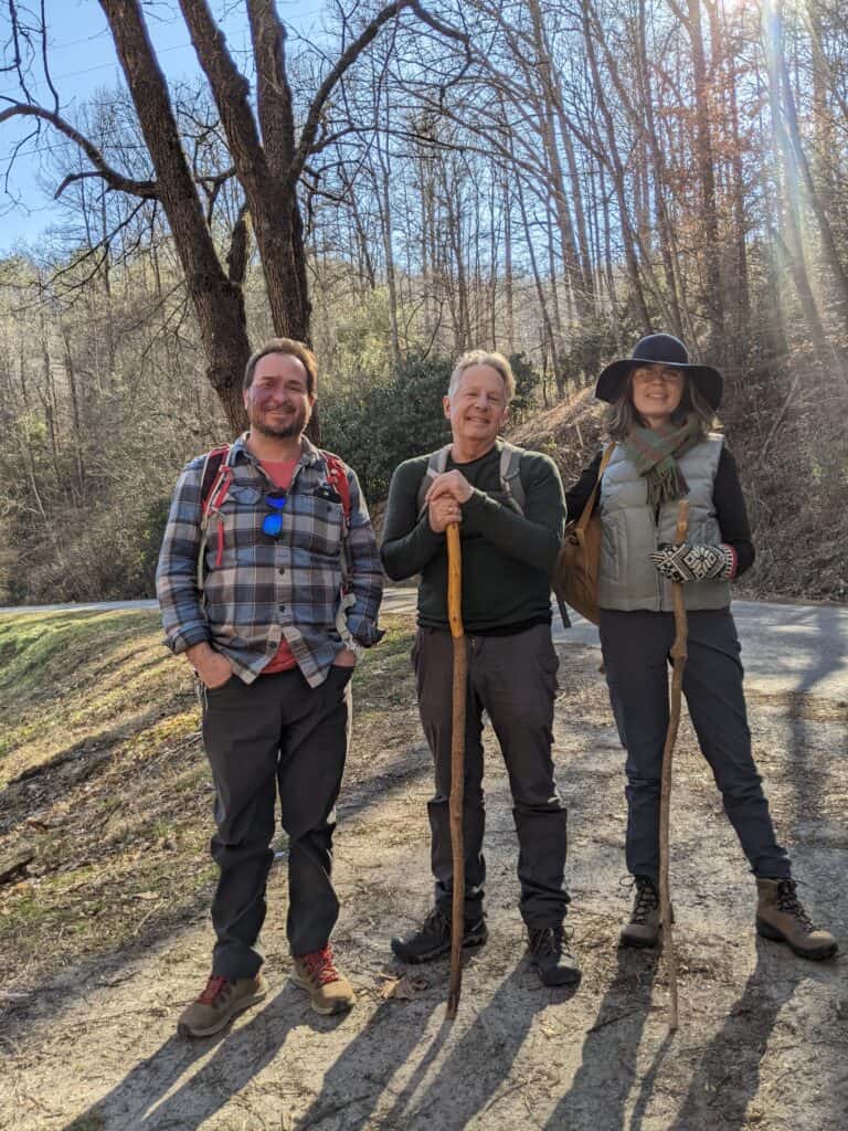 Group of hikers on the Bartram Trail during spring, enjoying nature.