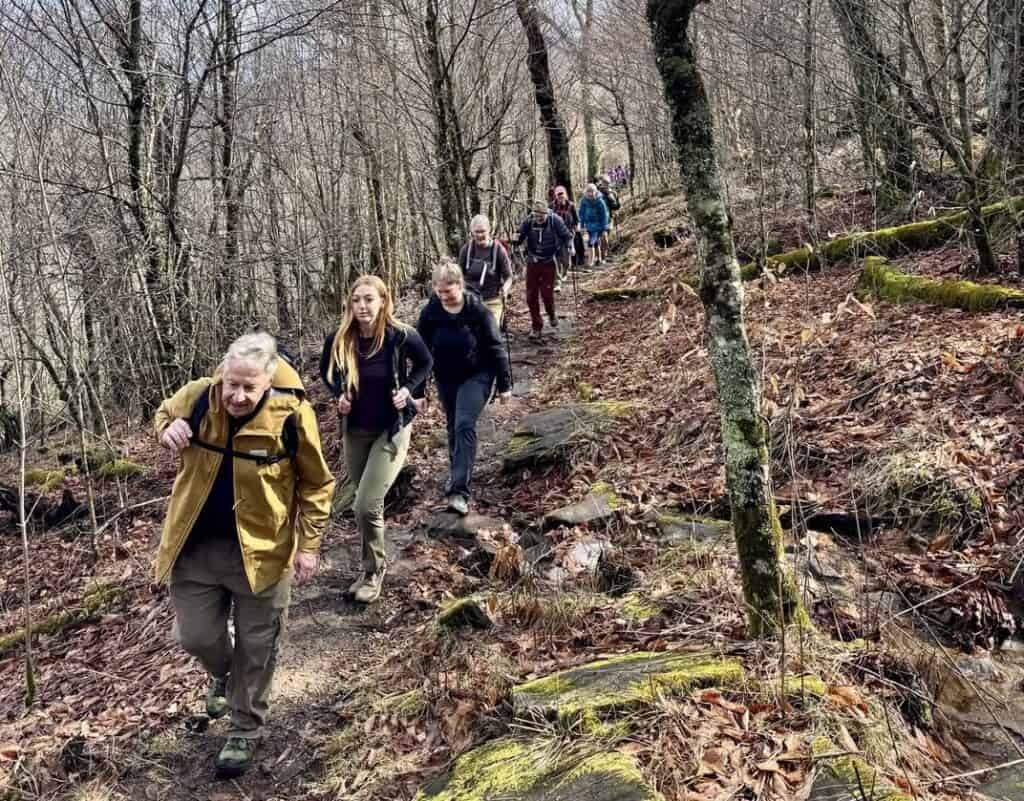 Hikers on the Bartram Trail, led by a retired trail leader, enjoying a scenic outdoor adventure in t.