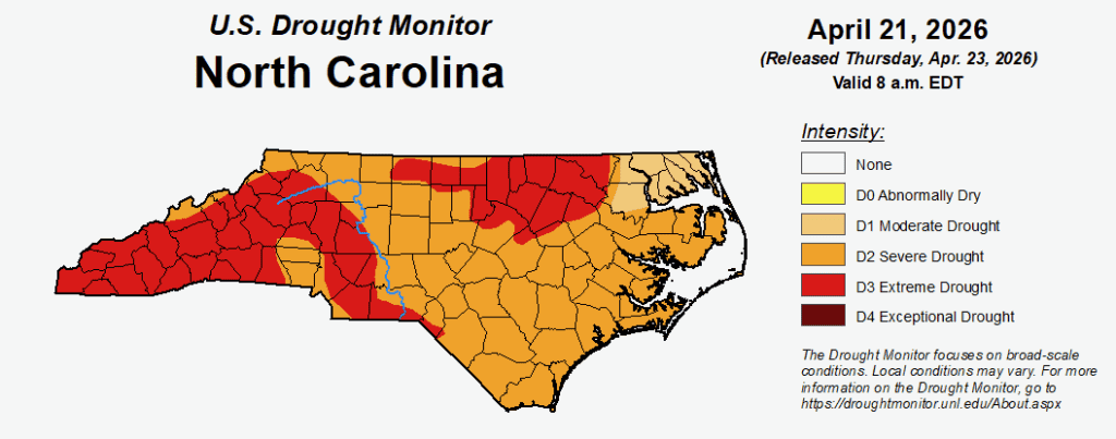 Map showing drought levels affecting Macon County, North Carolina, with severe drought conditions.