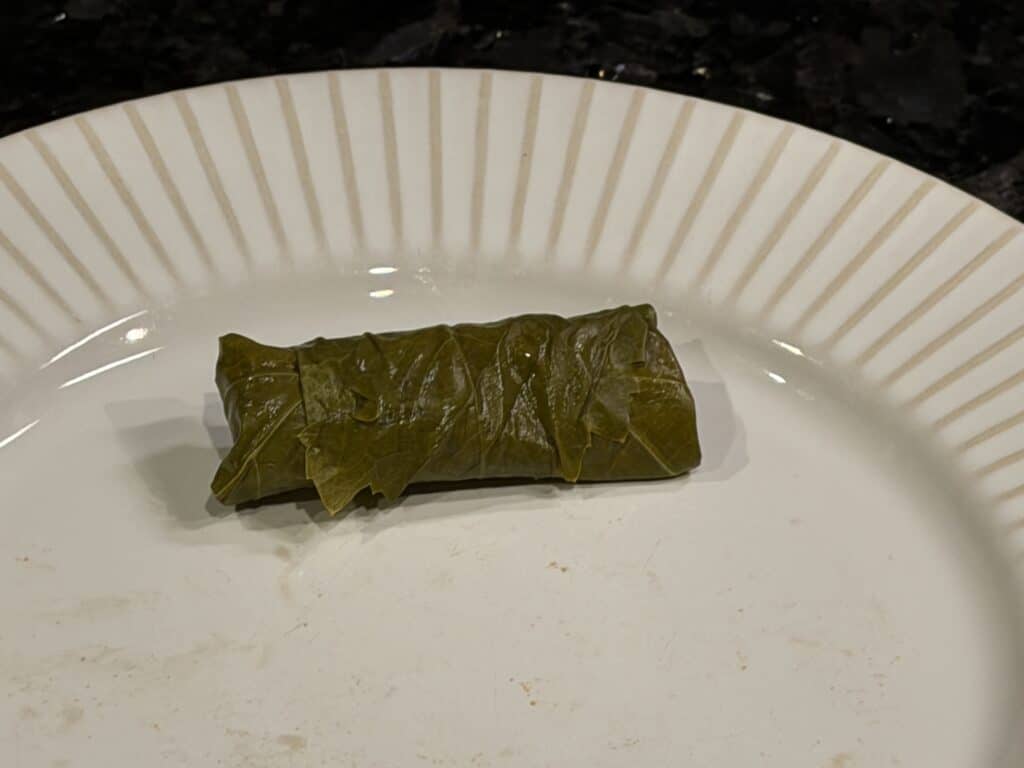 Fresh grape leaf wrap on a white plate, traditional Mediterranean appetizer.