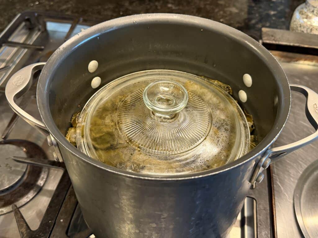 Cooking pot with glass lid on stove.