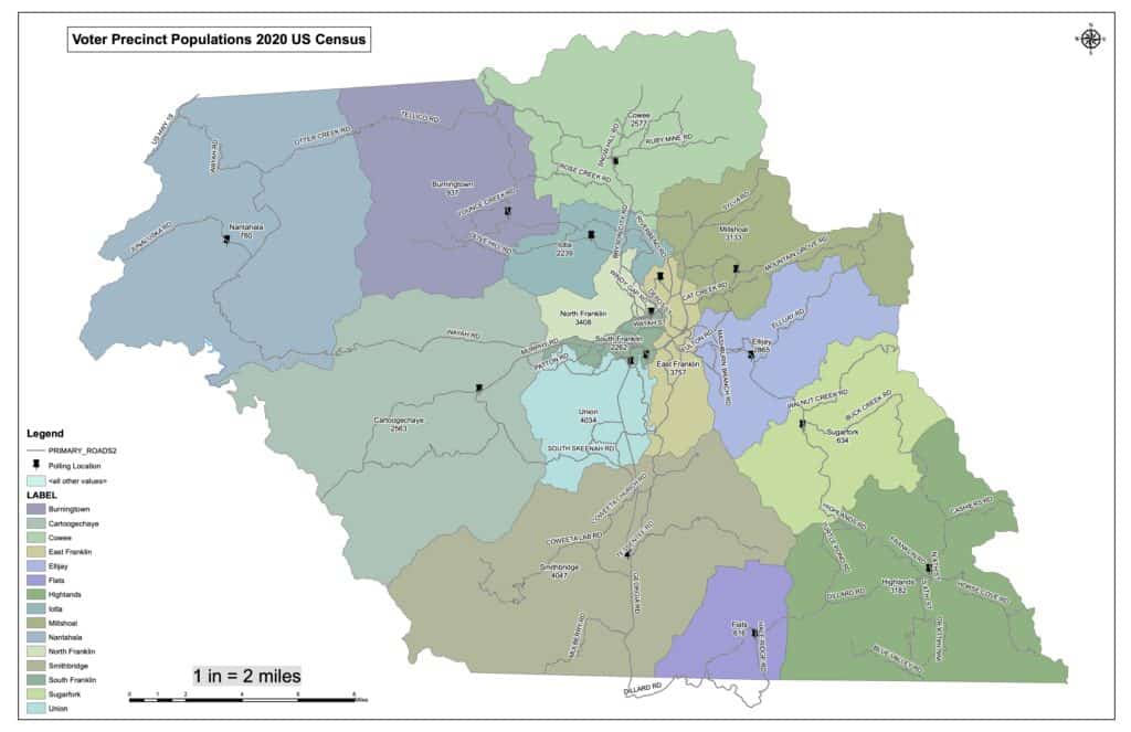Map of Macon County voter precincts for 2020 census redistricting.