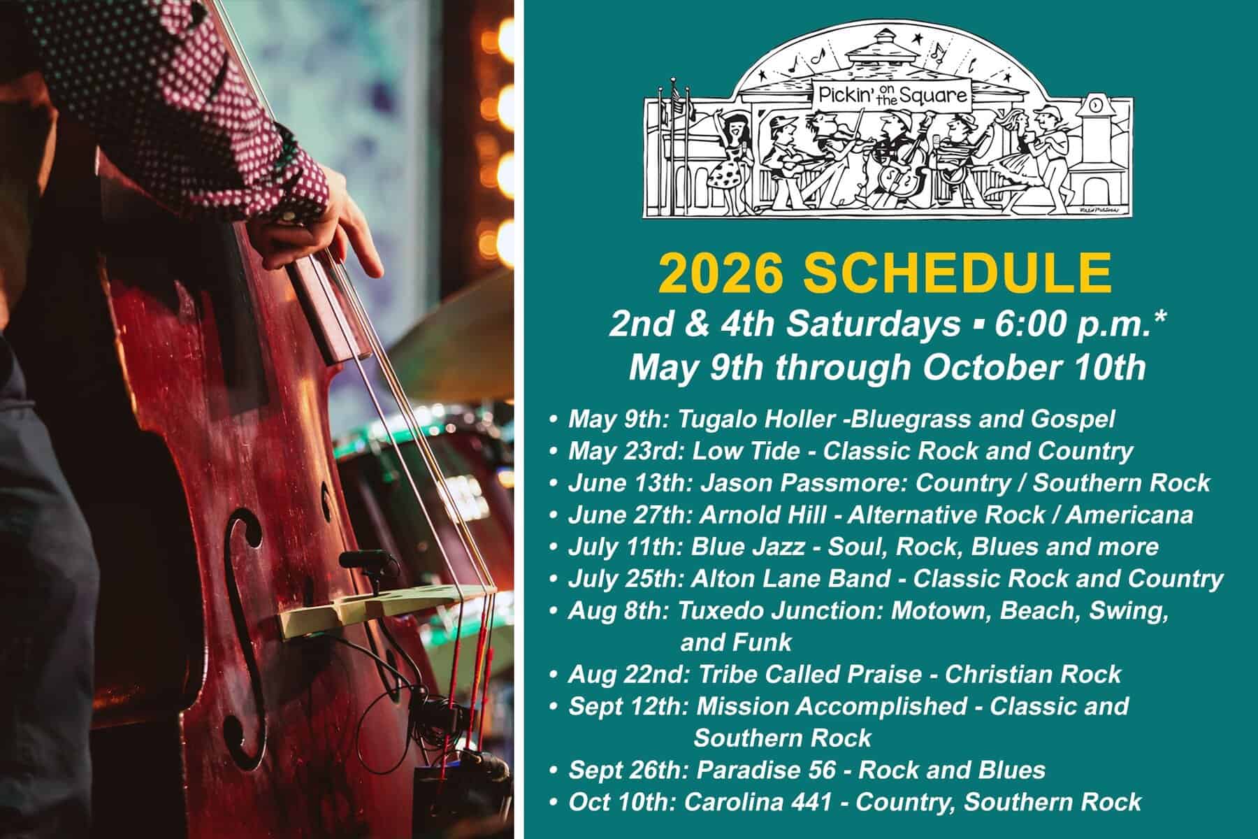 Musician playing double bass at Pickin on the Square event.