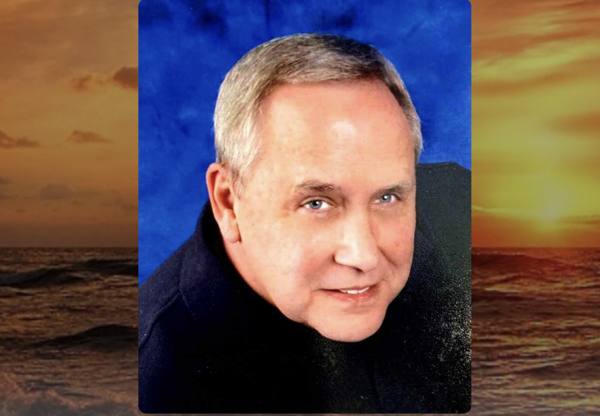 Portrait of John Farnham Henning Sr. with a sunset background.