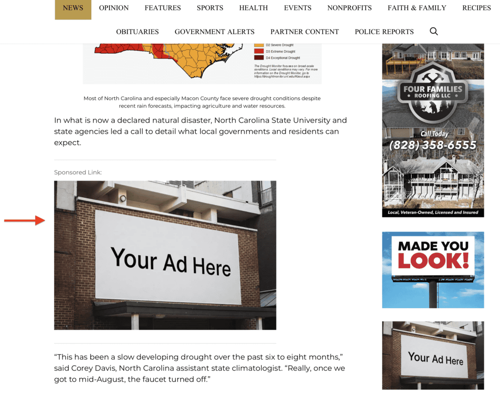 Custom advertising billboard on Macon Sense website for local businesses.