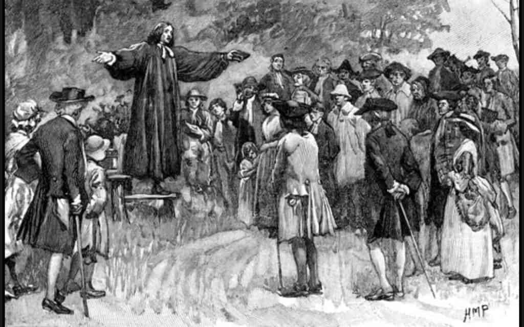 Historical scene of a preacher inspiring a diverse crowd outdoors.