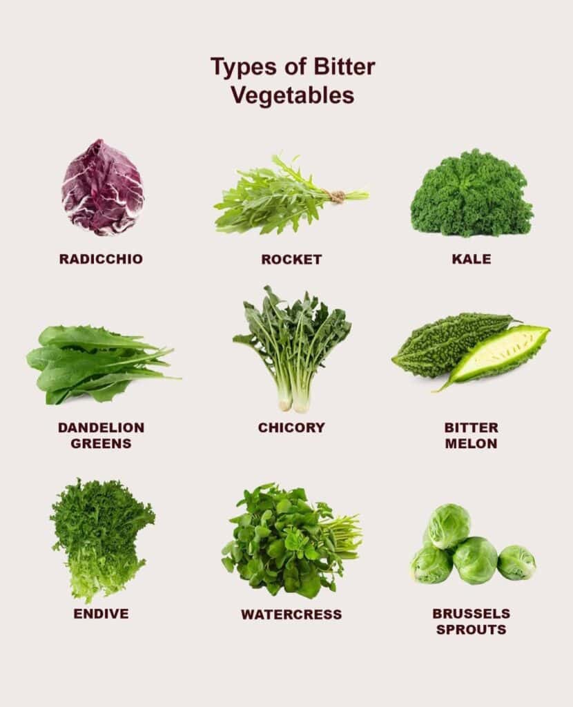Assorted bitter vegetables including radicchio, kale, and endive for health benefits.