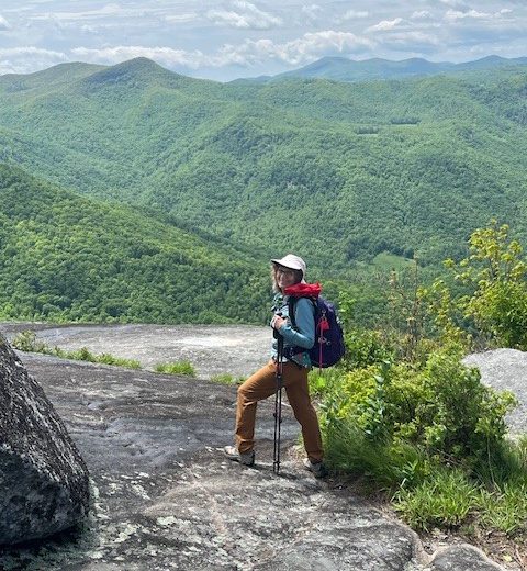 Hiker with backpack and trekking poles enjoying scenic views on Appalachian Trail.