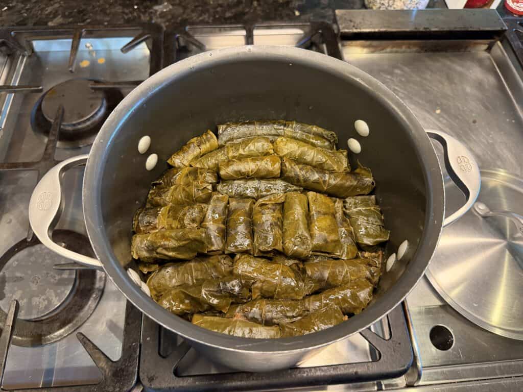 Traditional Middle Eastern stuffed grape leaves for Easter celebration.