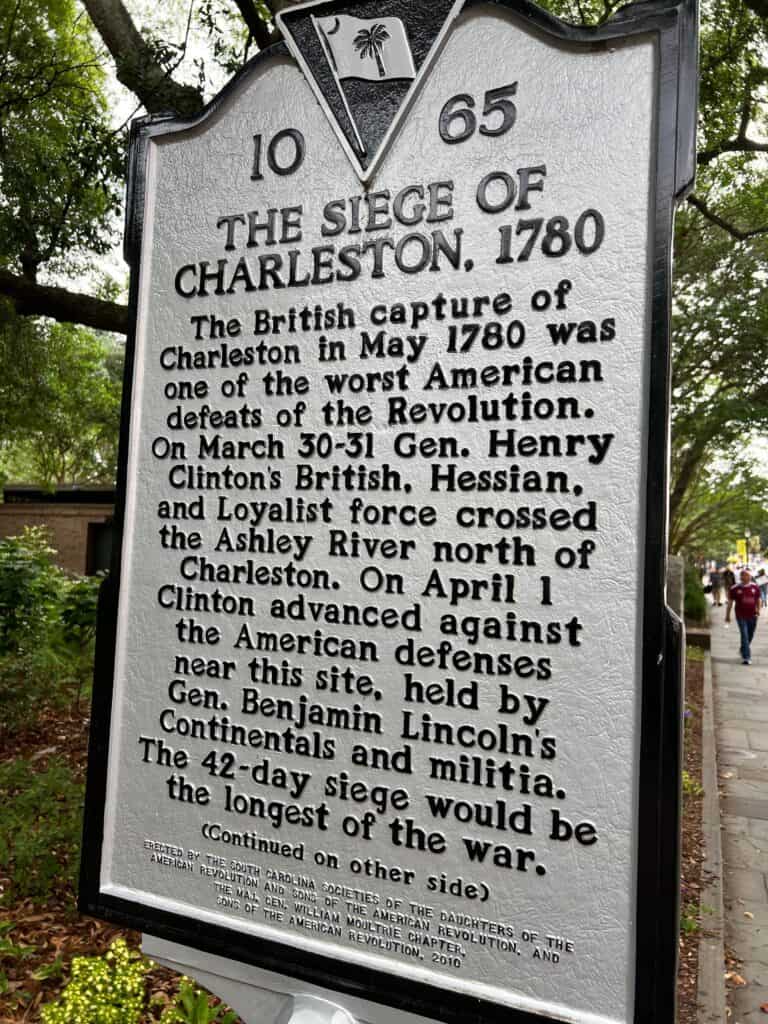 Historical marker about the Siege of Charleston, 1780, during the American Revolution.