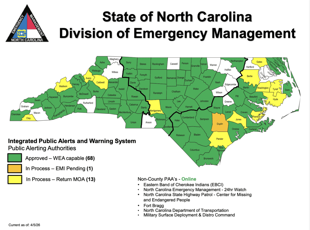 North Carolina emergency management map with Macon Sense branding.