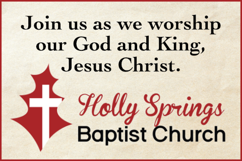 Holly Springs Baptist Church worship invitation with cross logo.