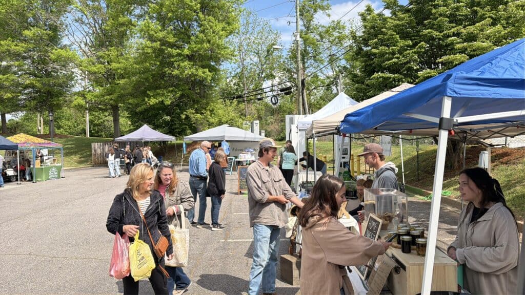 Vibrant outdoor market with vendors and shoppers on a sunny day.