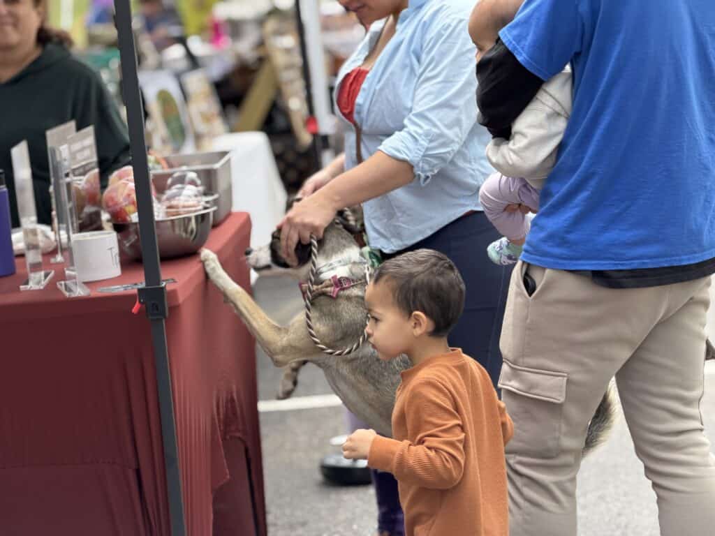 Family at Macon Sense market with dog and local vendors.