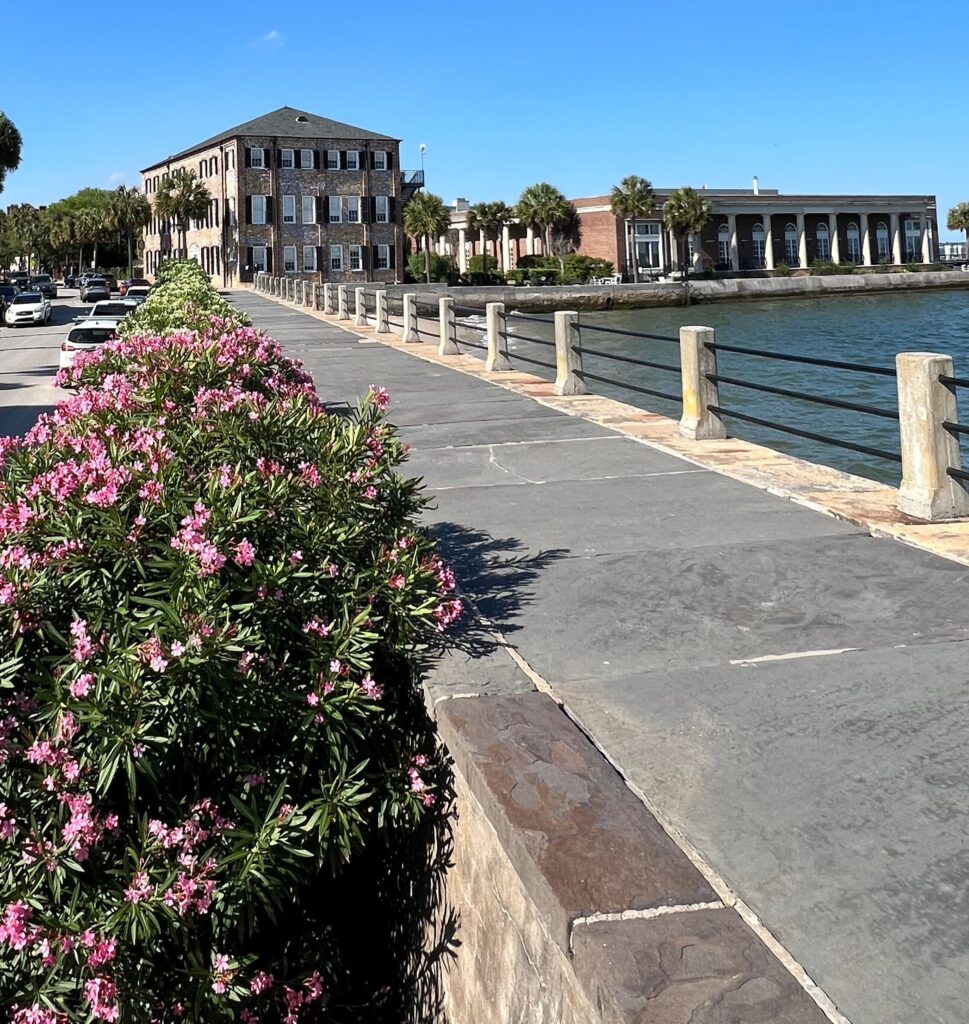 Waterfront walkway with historic buildings and blooming flowers in Macon, Georgia.