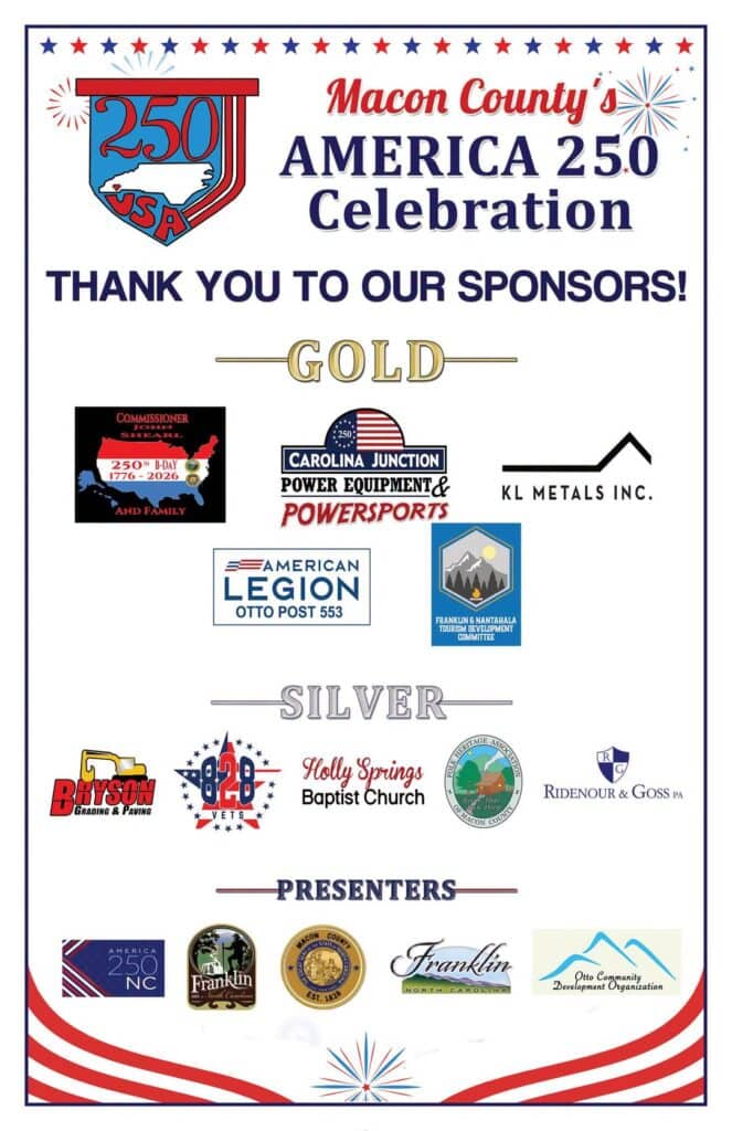 Macon County's America 250 celebration banner with sponsors and supporters.