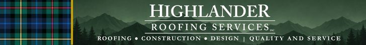 Highlander Roofing Services banner with mountain background and company logo.