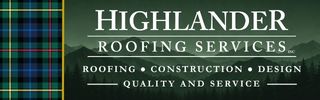 Highlander Roofing Services logo with mountain background and company name.