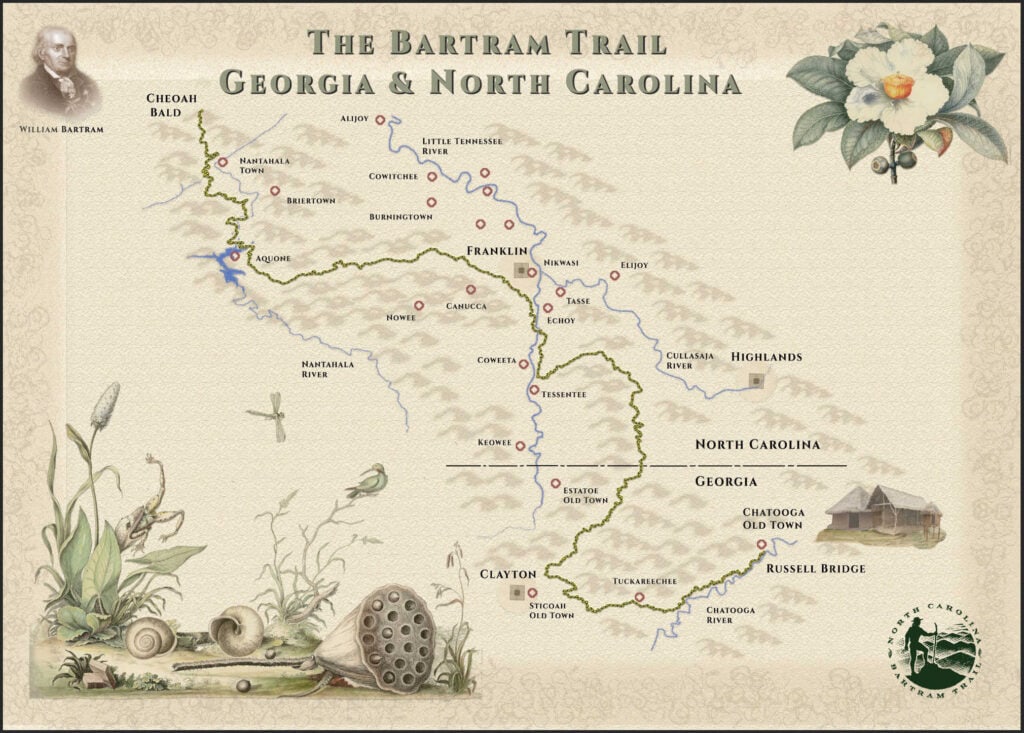 Map of the Bartram Trail through Georgia and North Carolina with natural illustrations.