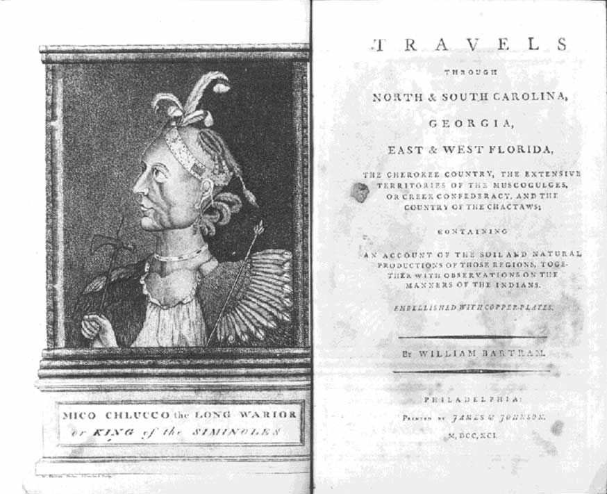 Portrait of a Native American chief and a historical travel book cover.