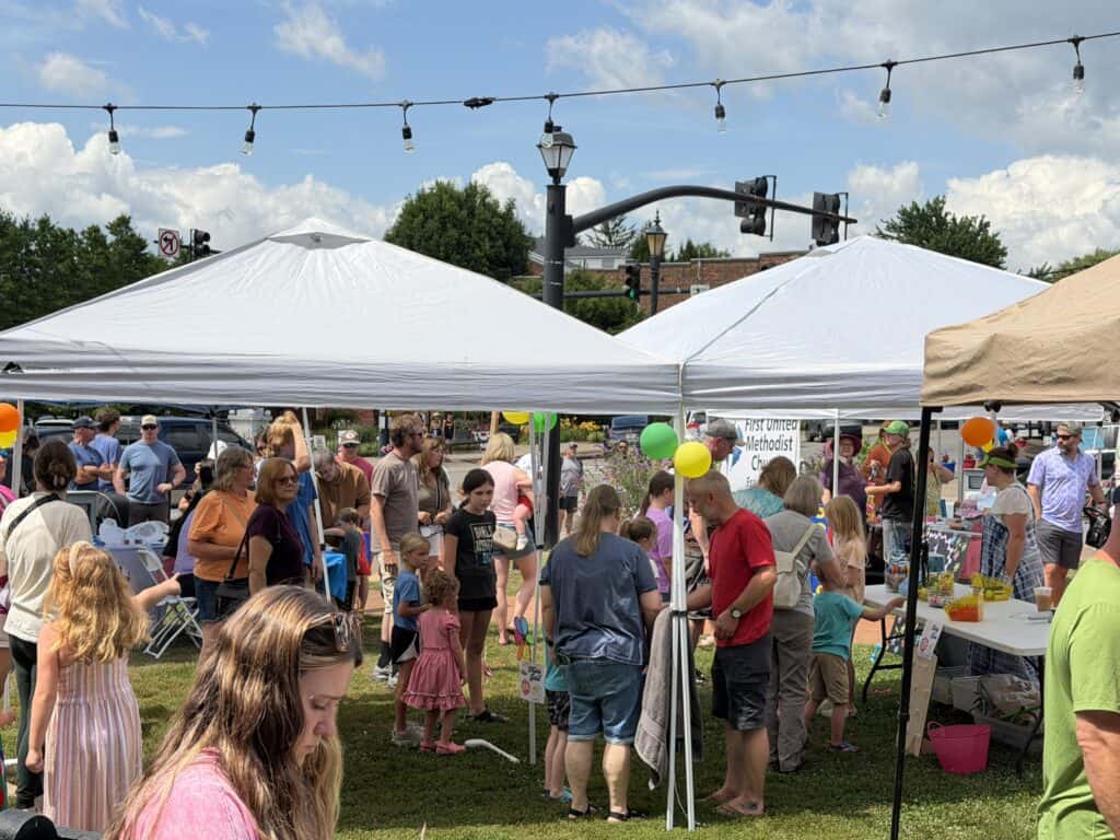 Crowd enjoying family fun day with tents, balloons, and children playing outdoors.