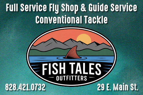 Fish Tales Outfitters logo with mountains and water scene, contact number, and address.