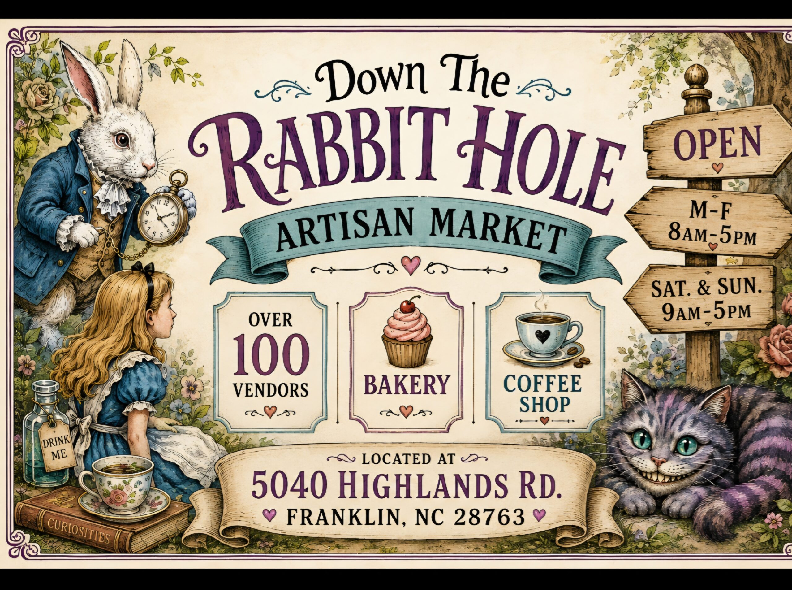 Colorful market sign for Down the Rabbit Hole with vendors, bakery, and coffee shop info.