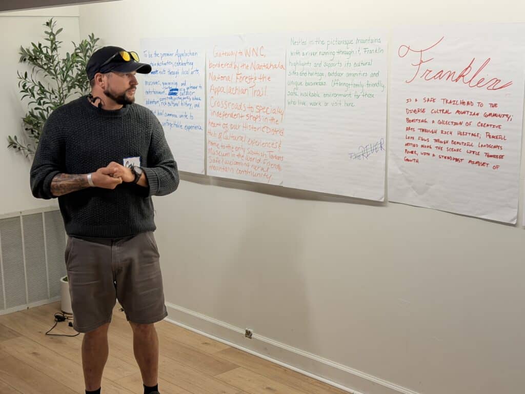 Man presenting in front of whiteboards with notes on Franklin's future.
