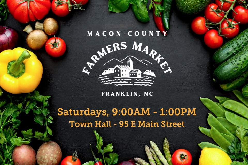 Macon County Farmers Market poster with fresh vegetables and market details.